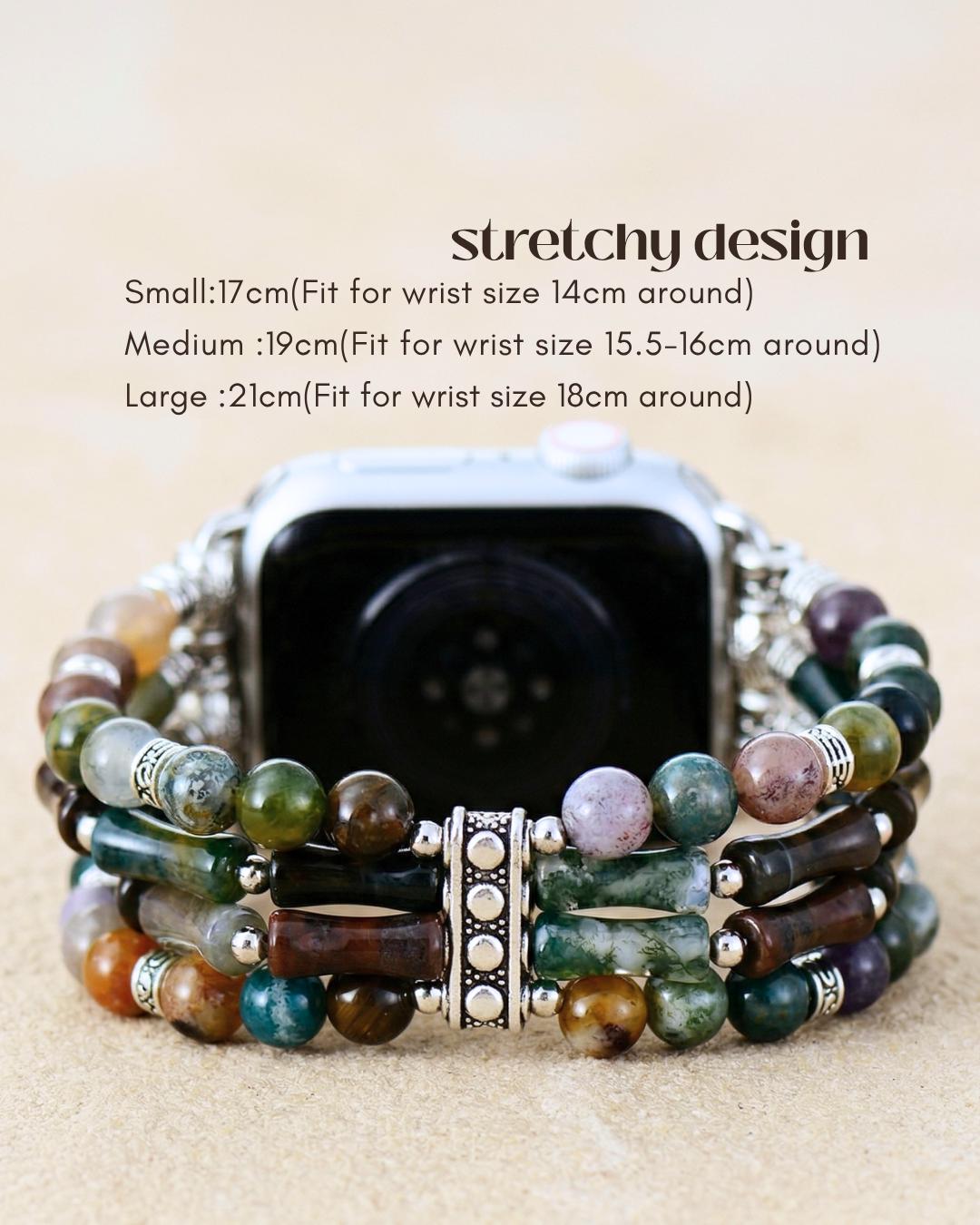 Steampunk onyx smart watch strap with mixed natural stone beads silver tone stretch watch band for couples boho wrist jewelry gift