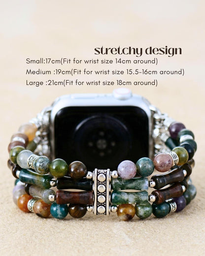 Steampunk onyx smart watch strap with mixed natural stone beads silver tone stretch watch band for couples boho wrist jewelry gift