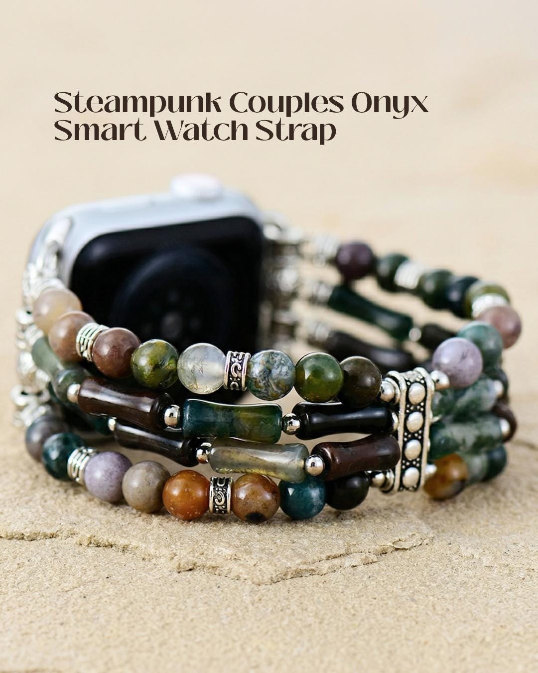 Steampunk onyx smart watch strap with mixed natural stone beads silver tone stretch watch band for couples boho wrist jewelry gift
