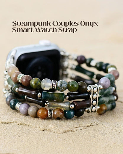 Steampunk onyx smart watch strap with mixed natural stone beads silver tone stretch watch band for couples boho wrist jewelry gift