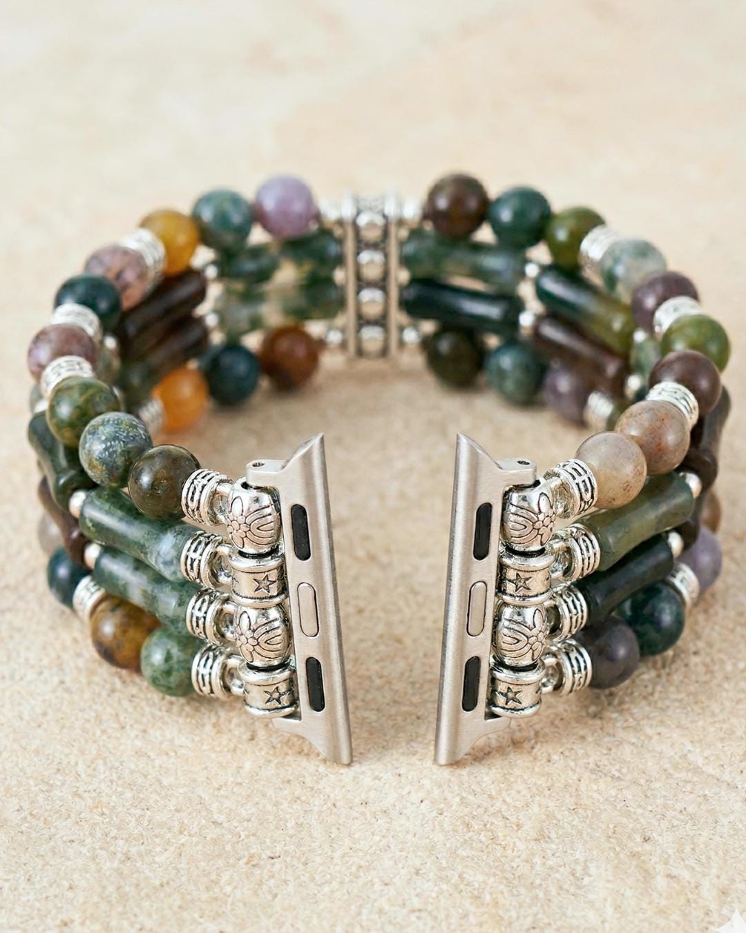 Steampunk onyx smart watch strap with mixed natural stone beads silver tone stretch watch band for couples boho wrist jewelry gift