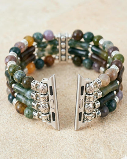 Steampunk onyx smart watch strap with mixed natural stone beads silver tone stretch watch band for couples boho wrist jewelry gift