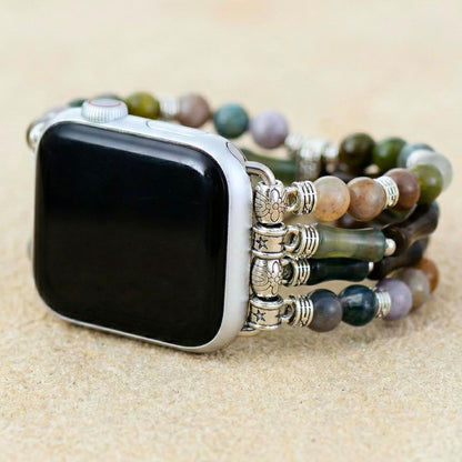 Steampunk onyx smart watch strap with mixed natural stone beads silver tone stretch watch band for couples boho wrist jewelry gift