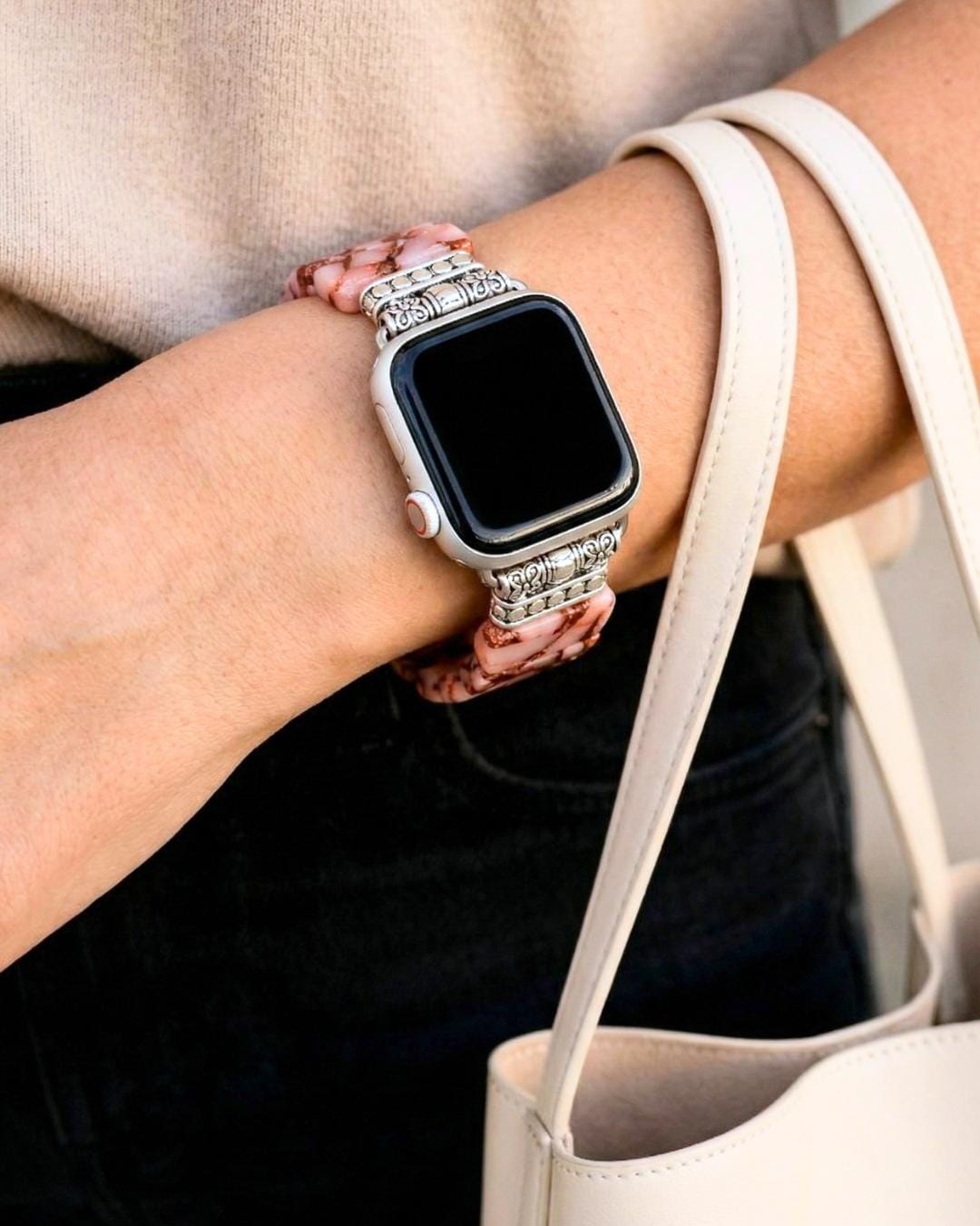 Pink Agate Apple Watch Band. Spring/Summer strap iwatch bracelet. Unique Gift for Mom or Girlfriend. Gemstone Jewelry