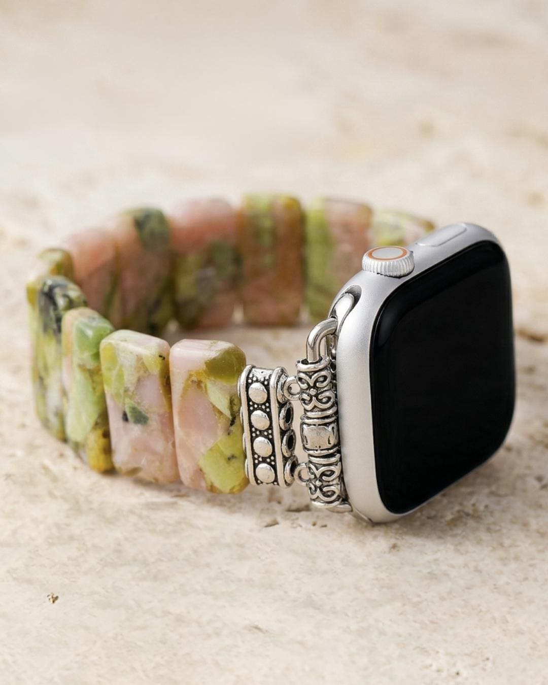 Soft sunstone and jasper smartwatch band with gold tone beads, braided watch strap, adjustable boho watch bracelet gift for her
