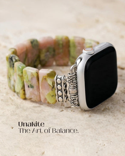 Soft sunstone and jasper smartwatch band with gold tone beads, braided watch strap, adjustable boho watch bracelet gift for her