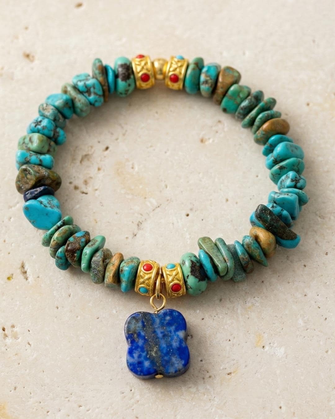 Turquoise chip bracelet with lapis lazuli clover charm, blue stone stretch bracelet in gold tone, boho everyday jewelry gift