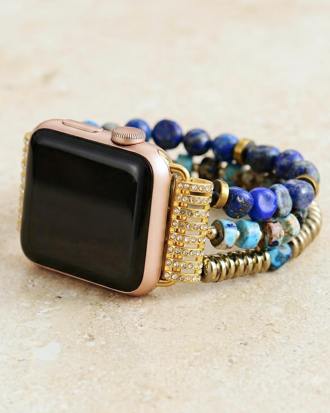 Blue lapis Apple Watch band with turquoise stone beads in gold tone boho style stretchy bracelet strap for women gift