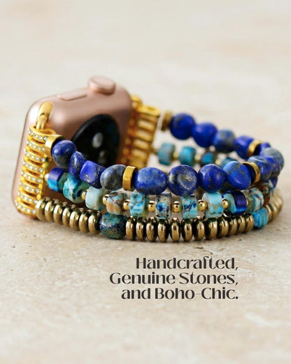 Blue lapis Apple Watch band with turquoise stone beads in gold tone boho style stretchy bracelet strap for women gift
