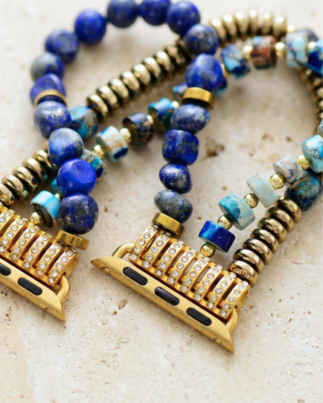 Blue lapis Apple Watch band with turquoise stone beads in gold tone boho style stretchy bracelet strap for women gift