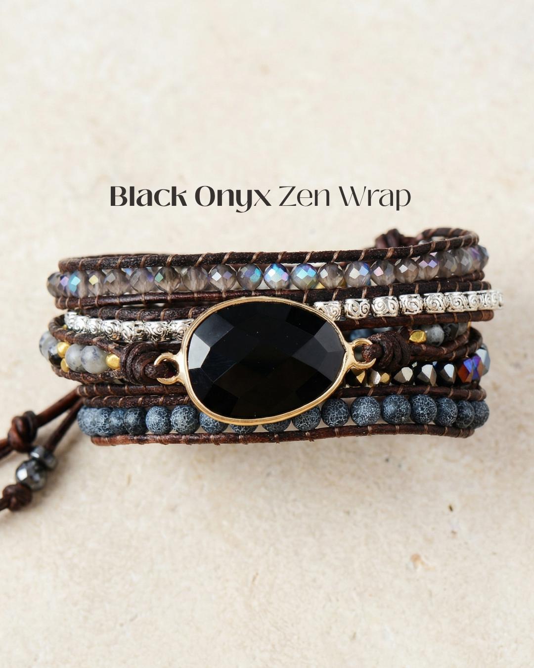Black Onyx Vegan Leather Wrap Bracelet