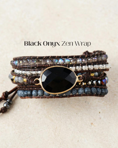 Black Onyx Vegan Leather Wrap Bracelet