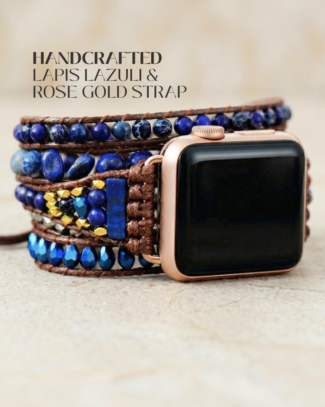 Blue lapis lazuli apple watch band with gold tone details, boho beaded smartwatch strap, waxed cord wrap bracelet for her