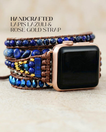 Blue lapis lazuli apple watch band with gold tone details, boho beaded smartwatch strap, waxed cord wrap bracelet for her