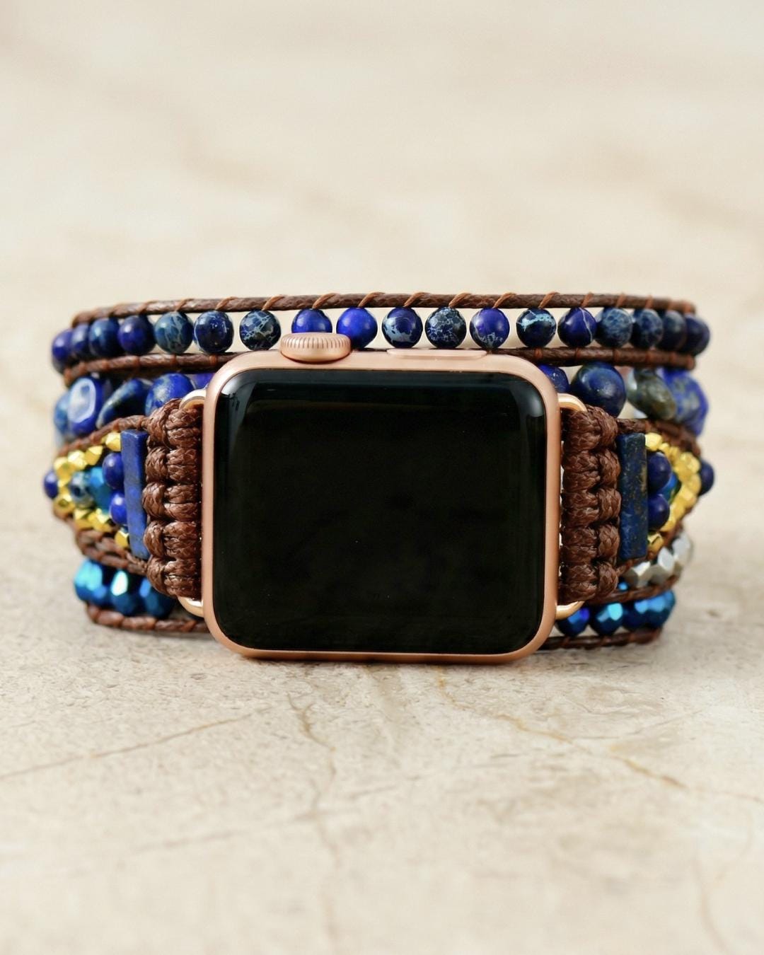 Blue lapis lazuli apple watch band with gold tone details, boho beaded smartwatch strap, waxed cord wrap bracelet for her