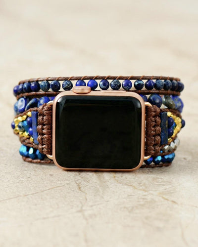 Blue lapis lazuli apple watch band with gold tone details, boho beaded smartwatch strap, waxed cord wrap bracelet for her