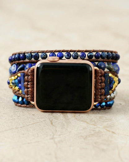 Blue lapis lazuli apple watch band with gold tone details, boho beaded smartwatch strap, waxed cord wrap bracelet for her