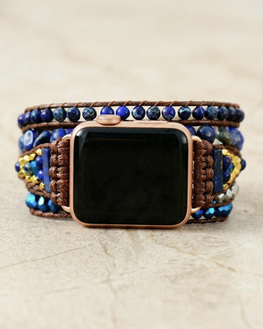 Blue lapis lazuli apple watch band with gold tone details, boho beaded smartwatch strap, waxed cord wrap bracelet for her