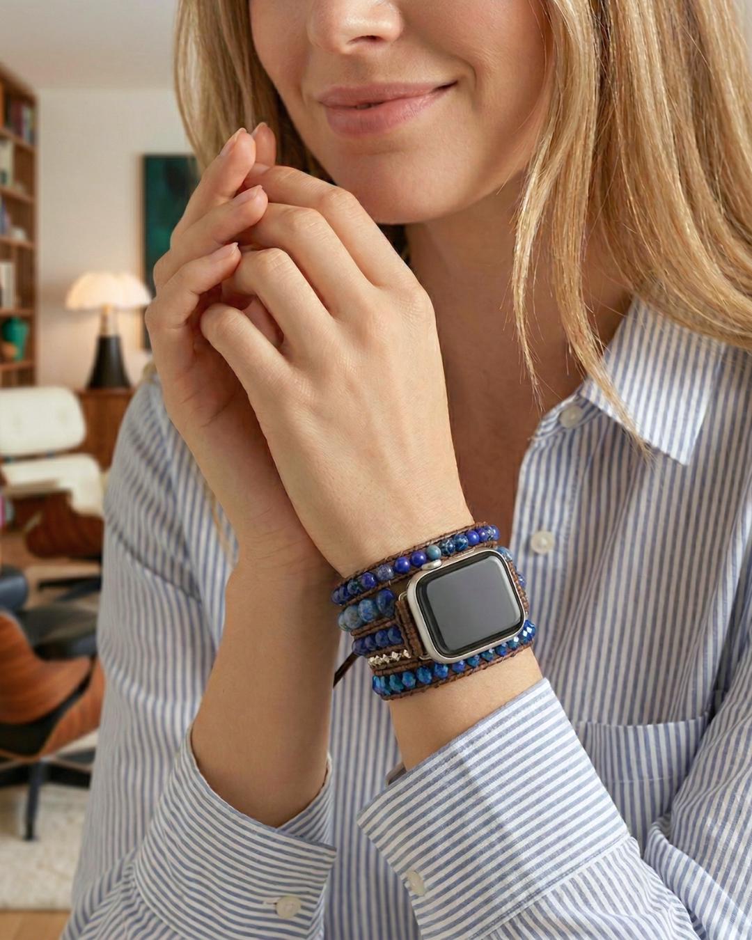 Blue lapis lazuli apple watch band with gold tone details, boho beaded smartwatch strap, waxed cord wrap bracelet for her