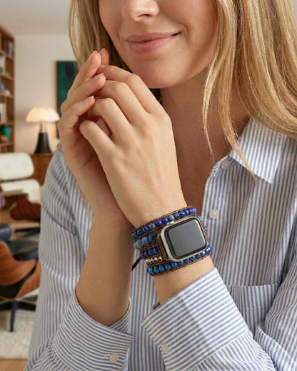 Blue lapis lazuli apple watch band with gold tone details, boho beaded smartwatch strap, waxed cord wrap bracelet for her