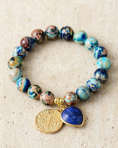 Imperial jasper amethyst onyx bracelet with gold tone heart charm, colorful gemstone bead bracelet for her gift jewelry