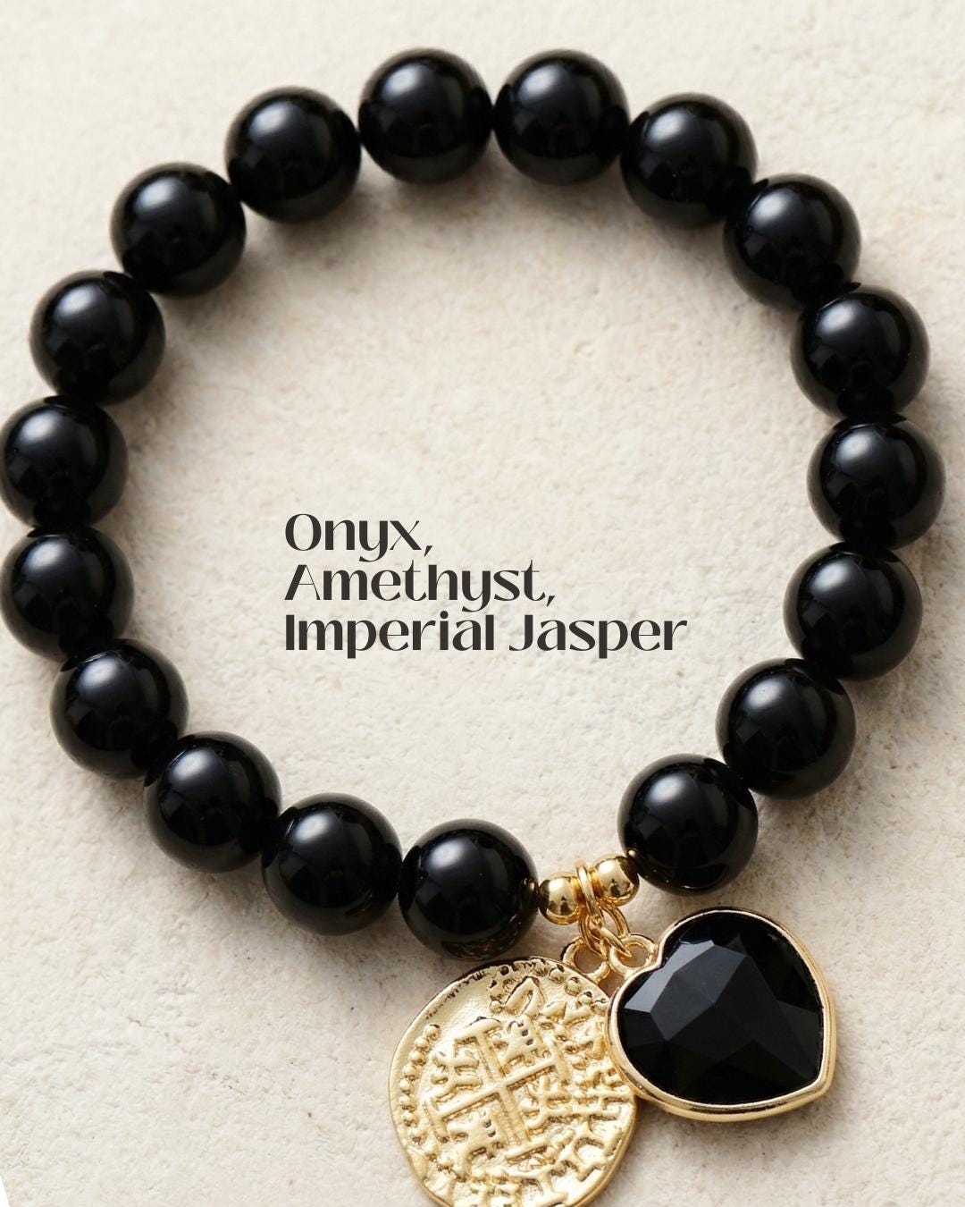 Imperial jasper amethyst onyx bracelet with gold tone heart charm, colorful gemstone bead bracelet for her gift jewelry