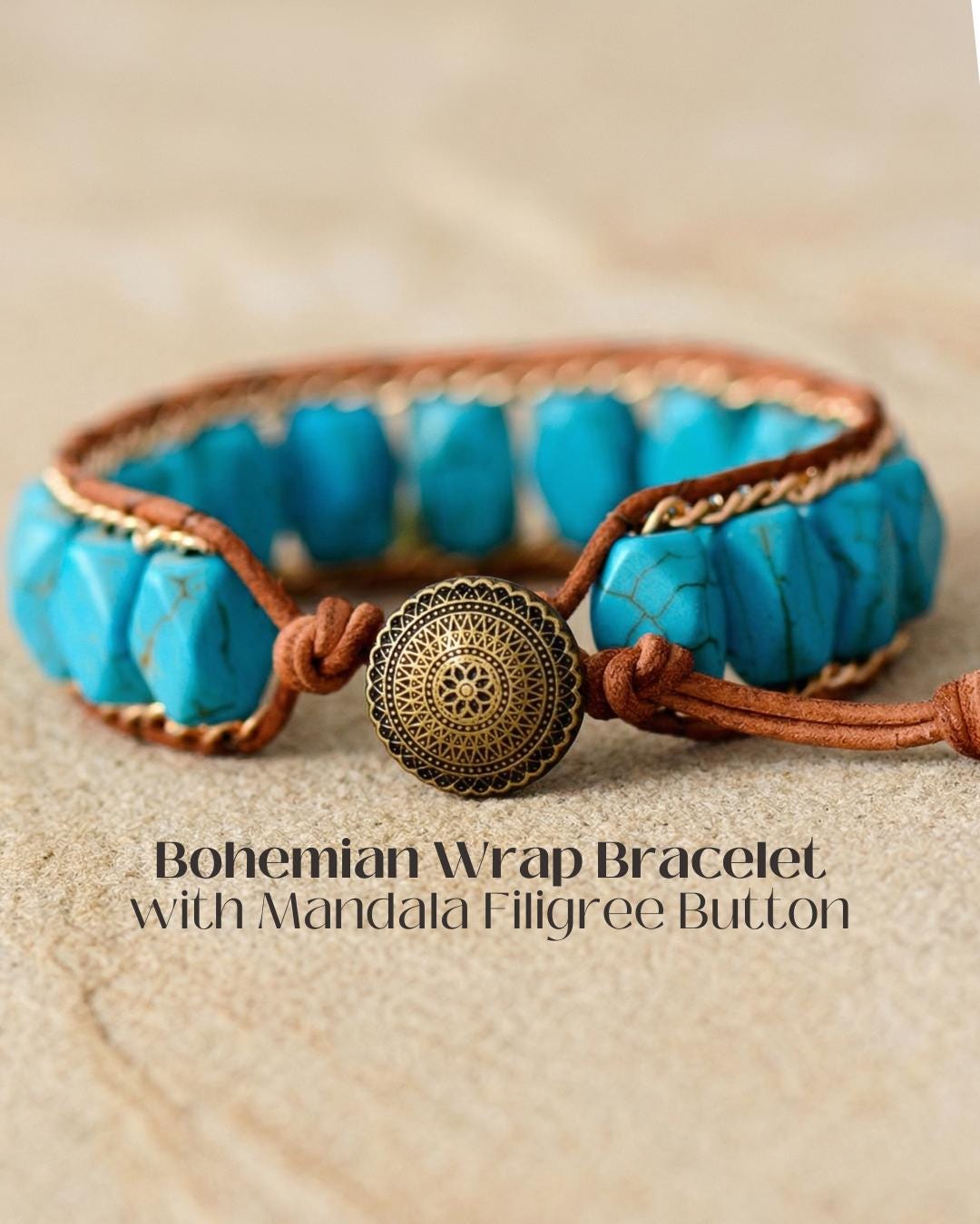 Turquoise boho wrap bracelet with vegan leather and gold tone charm, adjustable layered stone bracelet for her, beach style gift