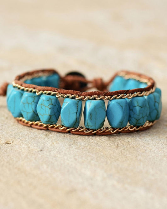 Turquoise boho wrap bracelet with vegan leather and gold tone charm, adjustable layered stone bracelet for her, beach style gift